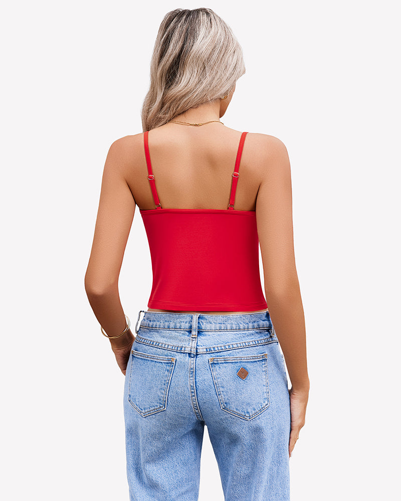 Women’s twist-front crop tank top with spaghetti straps, red color, open back view