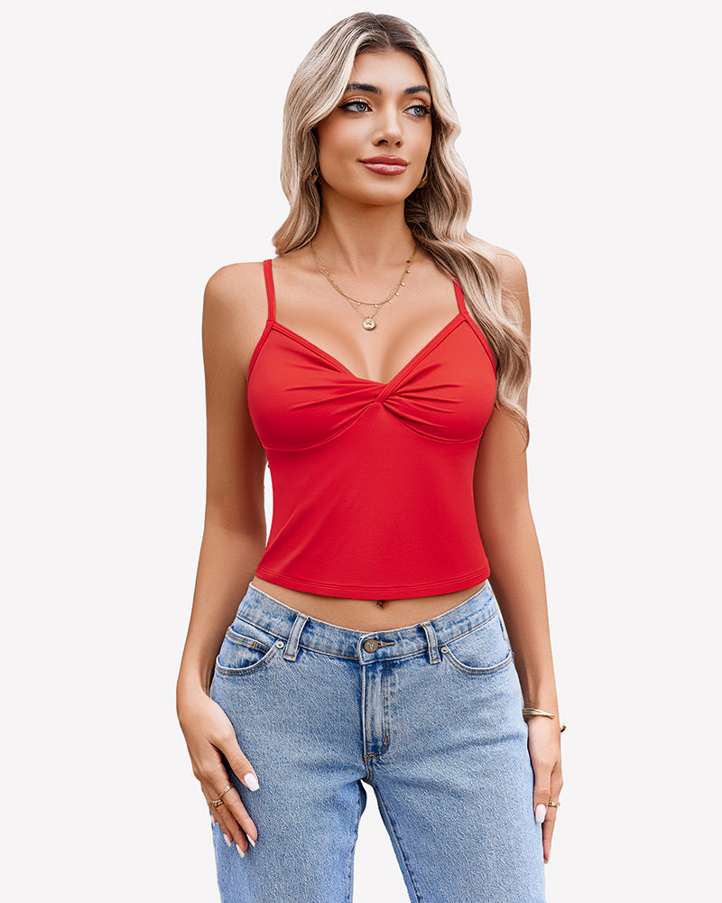 Women’s twist-front crop tank top with spaghetti straps, red color, V-neck twist front
