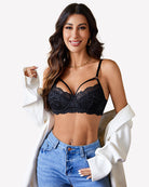 Navy lace V-neck two-layer bra with adjustable thin straps and scalloped edges.
