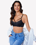 Black lace V-neck two-layer bra with adjustable thin straps and scalloped trim.