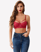 Red lace V-neck two-layer bra with adjustable straps and scalloped lace cups.