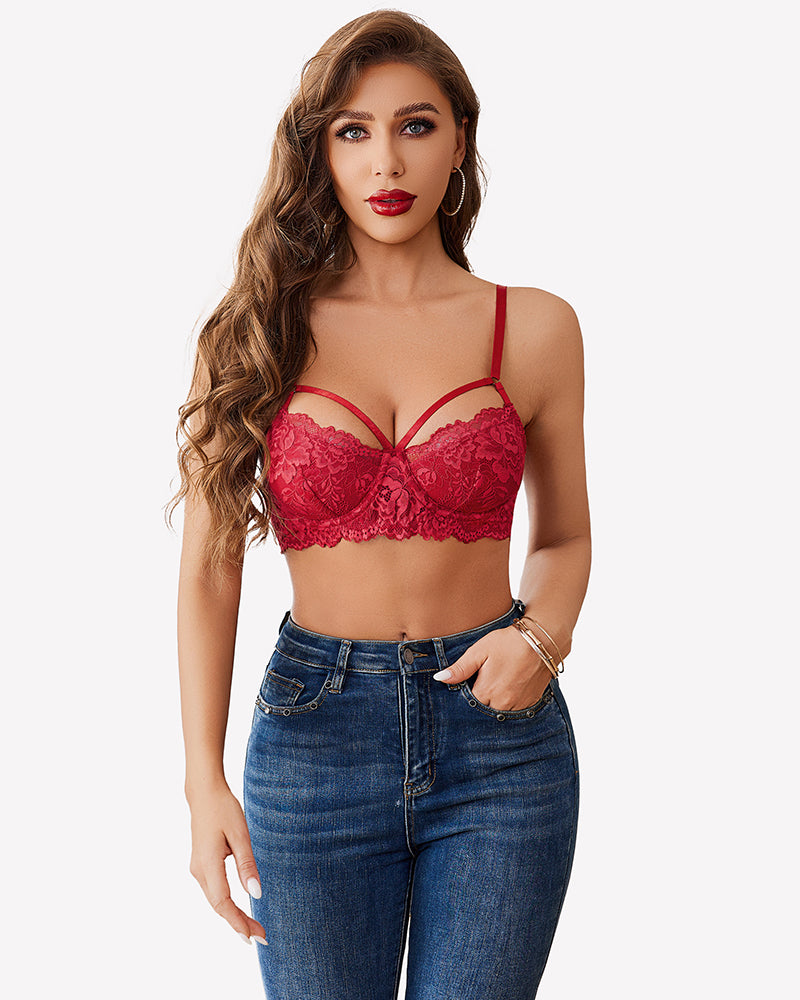 Red lace V-neck two-layer bra with adjustable straps and scalloped lace cups.