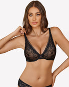 Black sheer lace underwire plunge bra with V neckline and scalloped edges