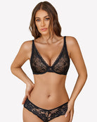 Black sheer lace underwire plunge bra with V neckline and adjustable straps