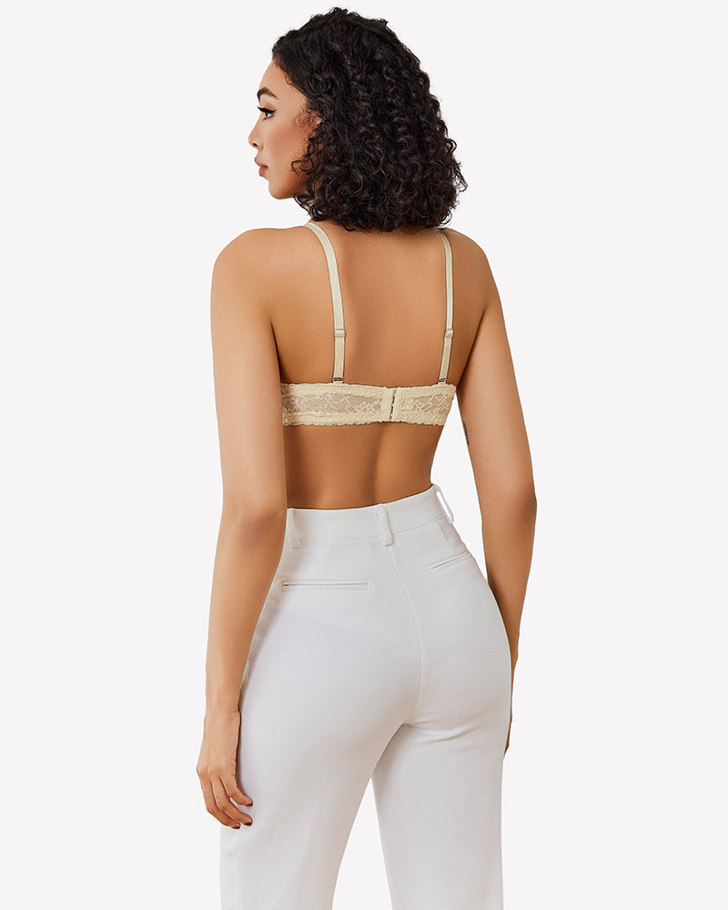 Beige sheer lace underwire plunge bra with thin straps and low back band