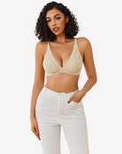 Beige sheer lace underwire plunge bra with V neckline and scalloped trim