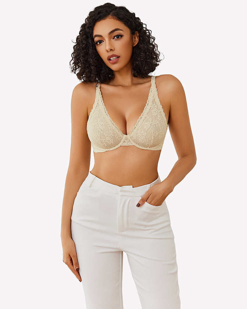 Beige sheer lace underwire plunge bra with V neckline and scalloped trim