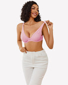 Pink sheer lace underwire plunge bra with V neckline and adjustable straps