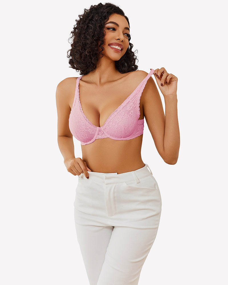 Pink sheer lace underwire plunge bra with V neckline and adjustable straps