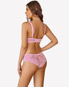 Pink sheer lace underwire plunge bra, back view with thin straps and band