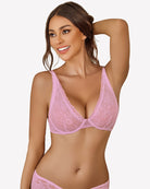 Pink sheer lace underwire plunge bra with V neckline and lace cups