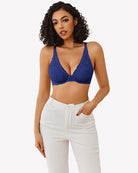 Blue sheer lace underwire plunge bra with V neckline and thin adjustable straps