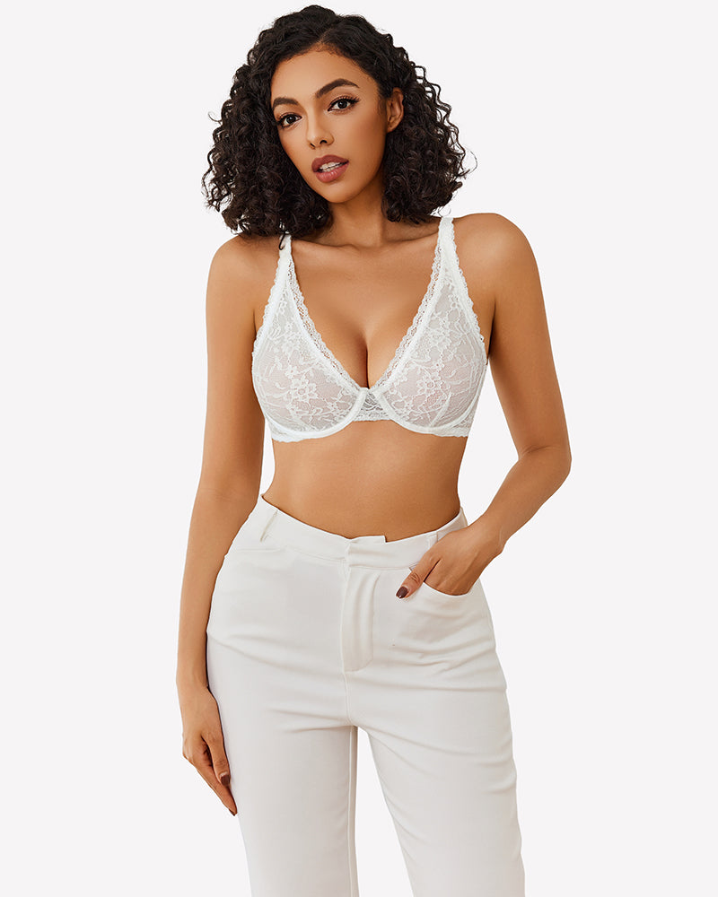 Sheer underwire plunge bra, white lace, unlined cups, lace overlay