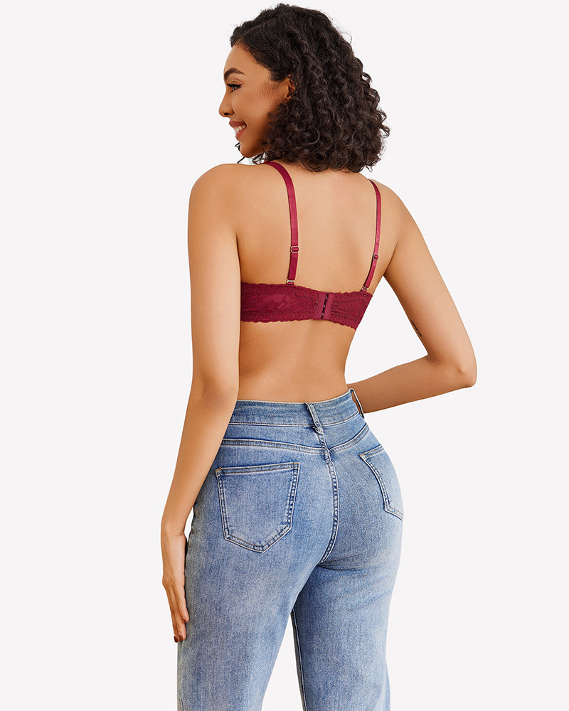 Sheer underwire plunge bra back, wine red lace, adjustable straps, unlined cups