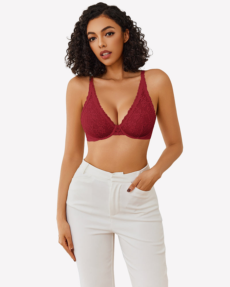 Sheer underwire plunge bra, wine red lace, unlined cups, V-neck