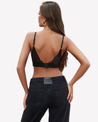 Black mesh V-neck wireless bralette, open-back lace design