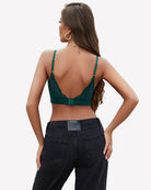 Dark green mesh V-neck wireless bralette, open-back lace design