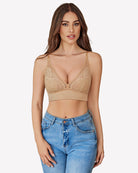 Light khaki mesh V-neck wireless bralette with lace-trim cups