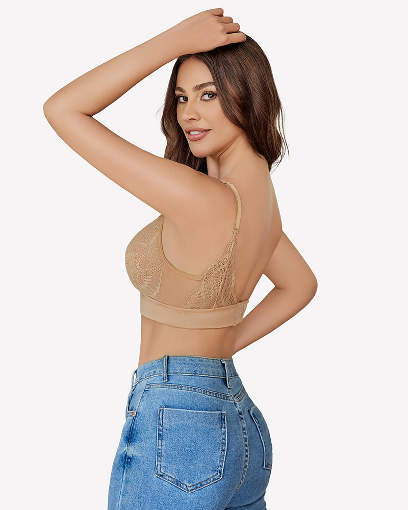 Light khaki wireless mesh V-neck bralette with lace trim and wide underband