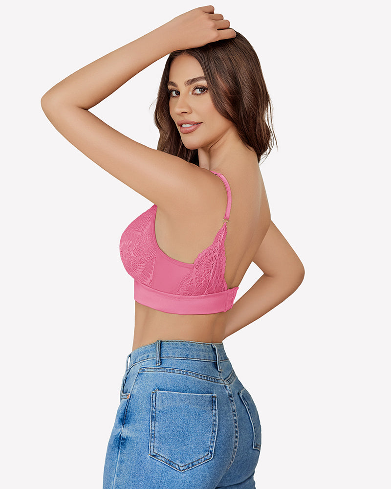 Pink mesh V-neck wireless bralette, scoop-back lace panel