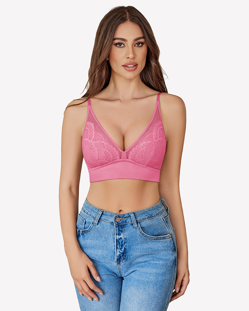 Pink mesh V-neck wireless bralette with lace-trim cups