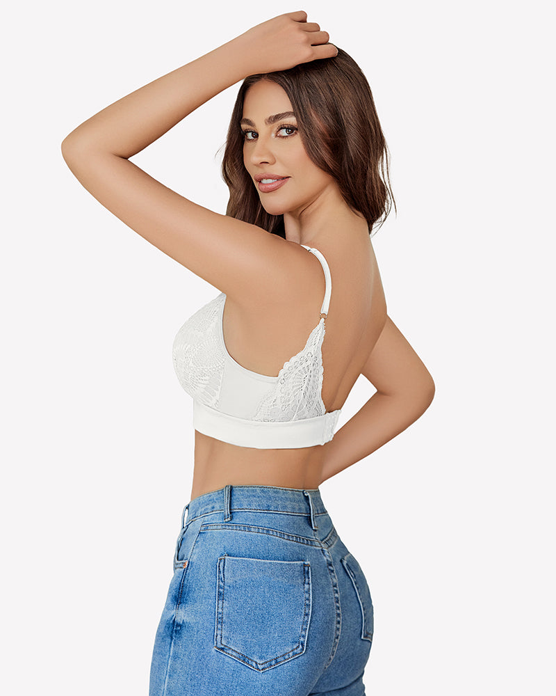 White mesh V-neck wireless bralette with scoop-back lace panel