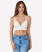 White mesh V-neck wireless bralette with lace-trim cups