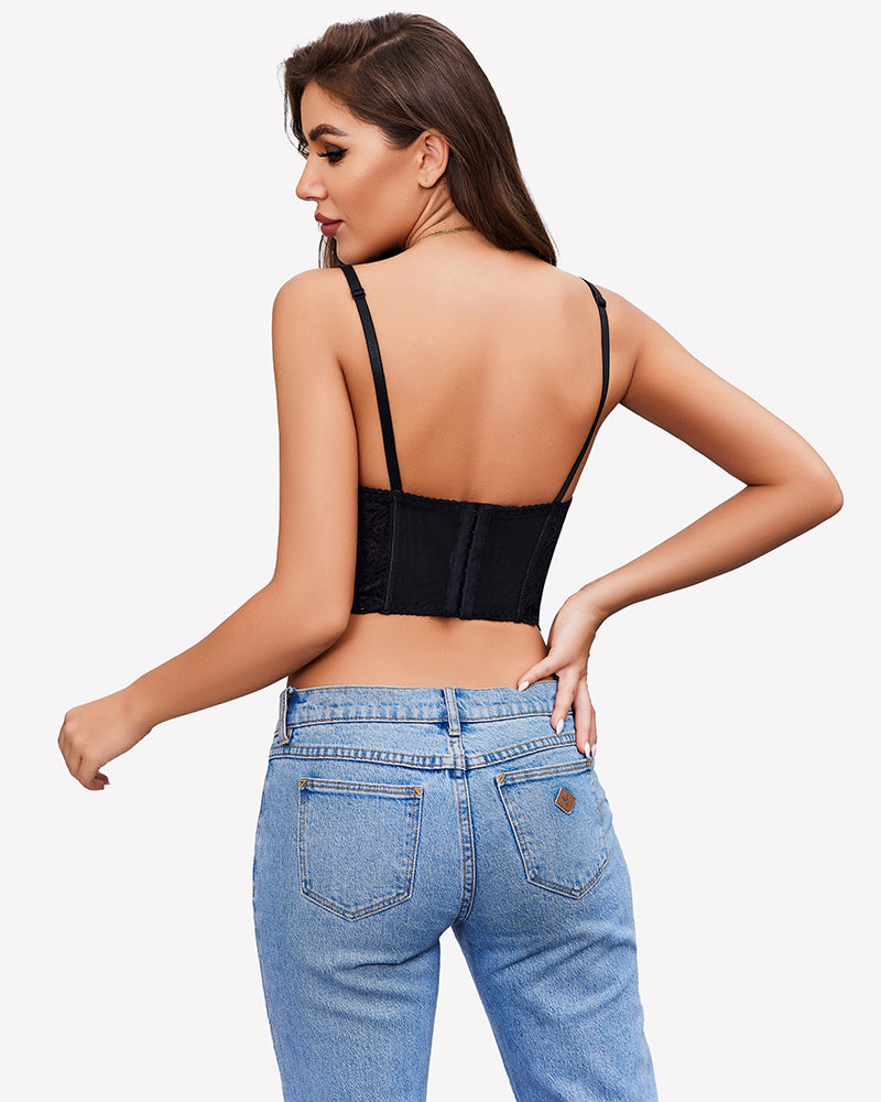 Black underwire push-up bustier top, back view with adjustable straps