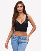 Black underwire push-up bustier top with lace trim and scalloped neckline