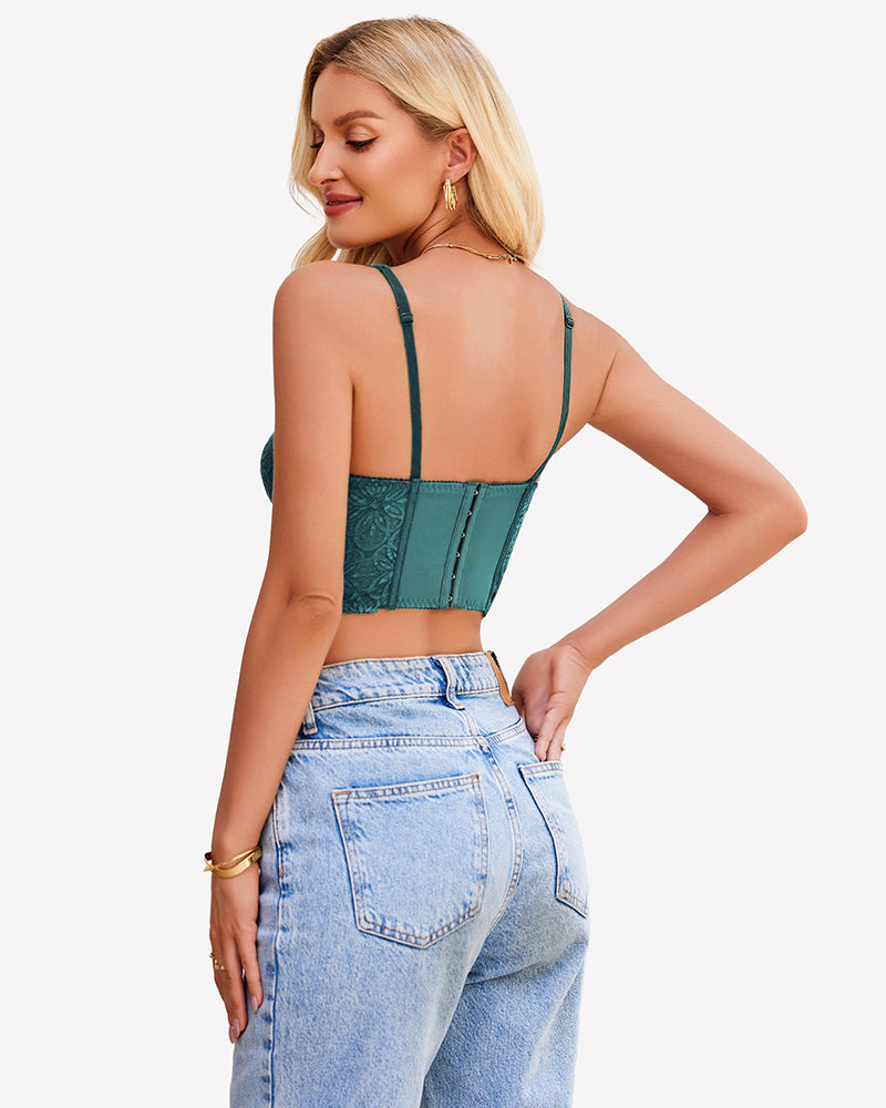 Green underwire push-up bustier top, back view with lace panels and straps