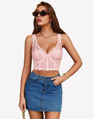 Pink underwire push-up bustier top with lace overlay and scalloped edges