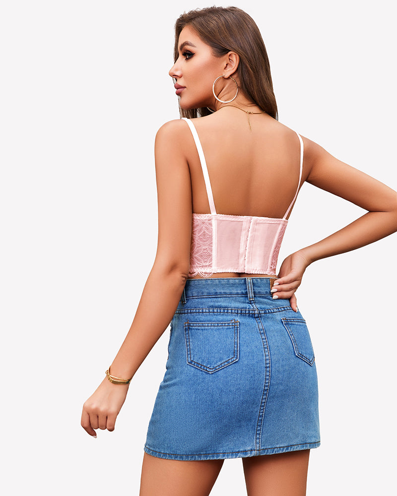 Pink underwire push-up bustier top, back view with lace and adjustable straps