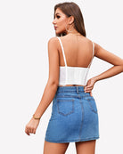 White lace underwire push-up bustier top with thin straps, back detail