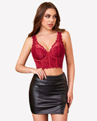 Wine red lace underwire push-up bustier top with scalloped neckline and straps