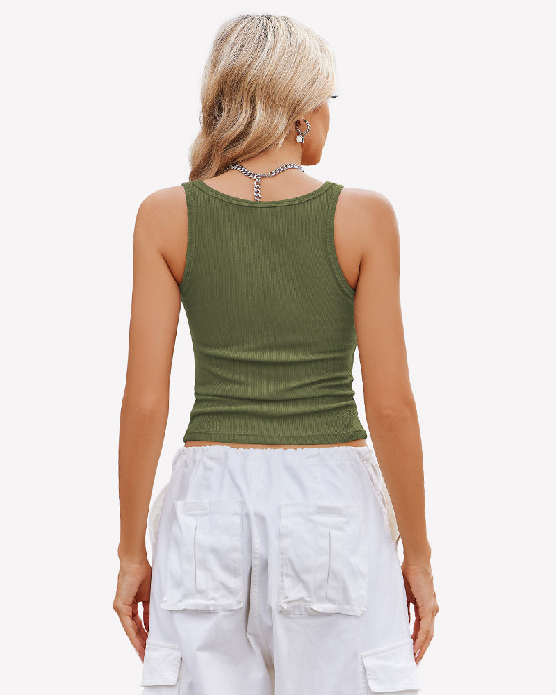 Army green ribbed racerback tank top, back view