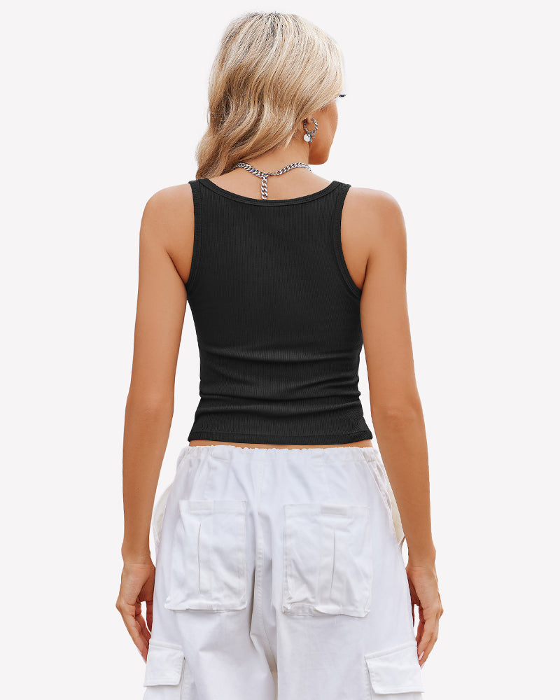 Black ribbed racerback tank top, back view