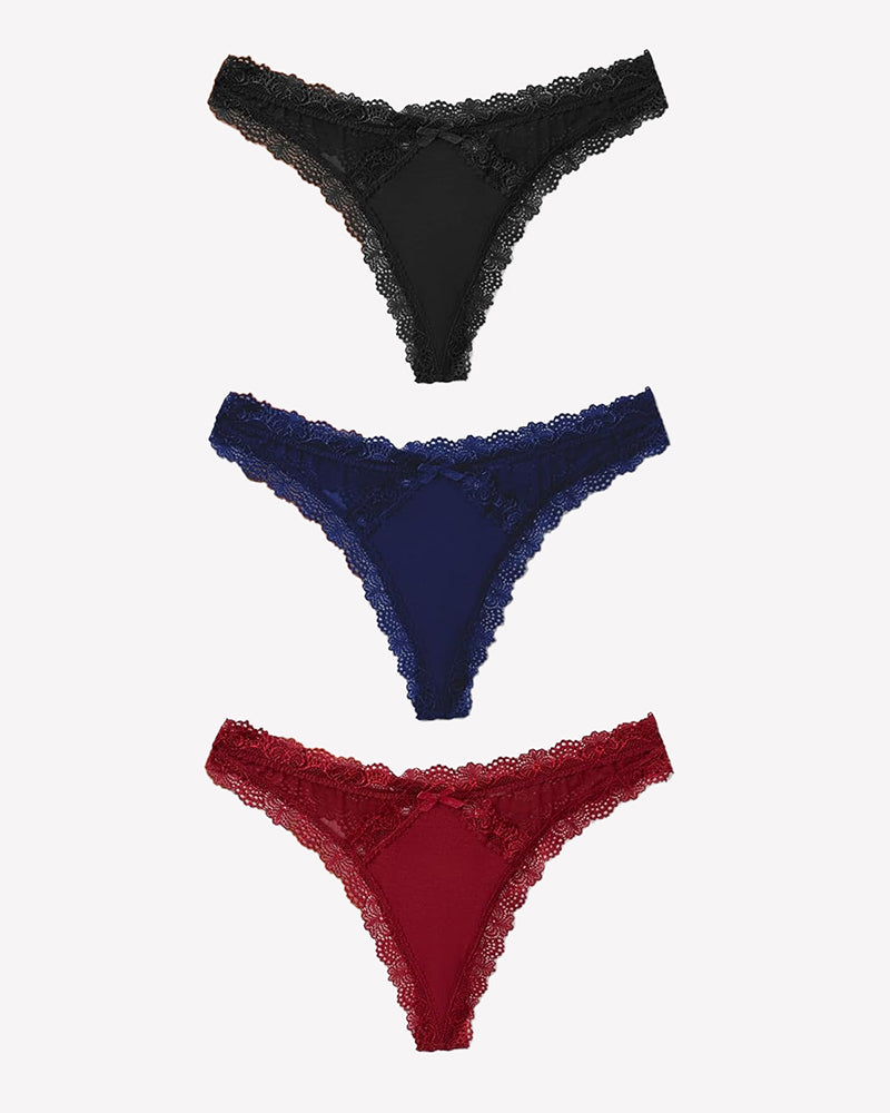 Low rise lace thong color options: black, navy blue, and wine red