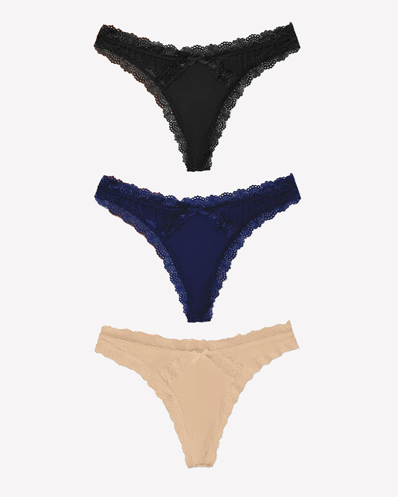 Low rise lace thong color options: black, navy blue, and beige