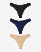 Low rise lace thong color options: black, navy blue, and beige