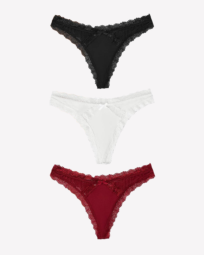 Low rise lace thong color options: black, white, and wine red