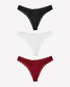 Low rise lace thong color options: black, white, and wine red