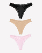 Low rise lace thong color options: black, beige, and pale pink