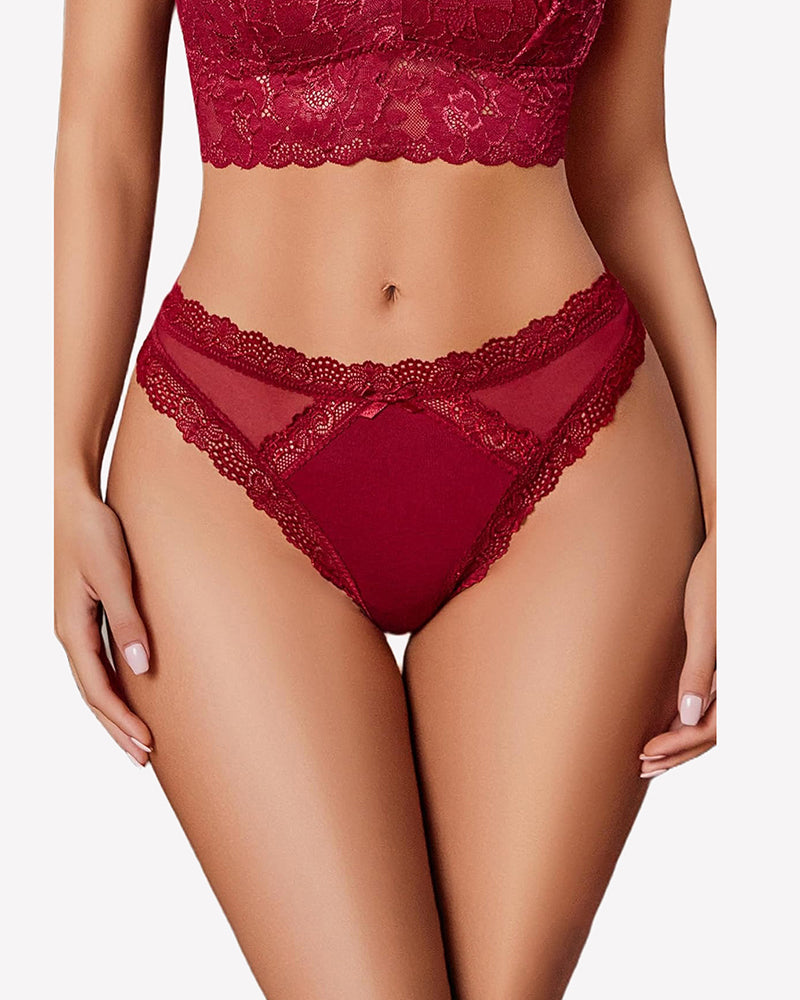 Low rise wine red lace thong with elastic waistband and criss-cross back straps