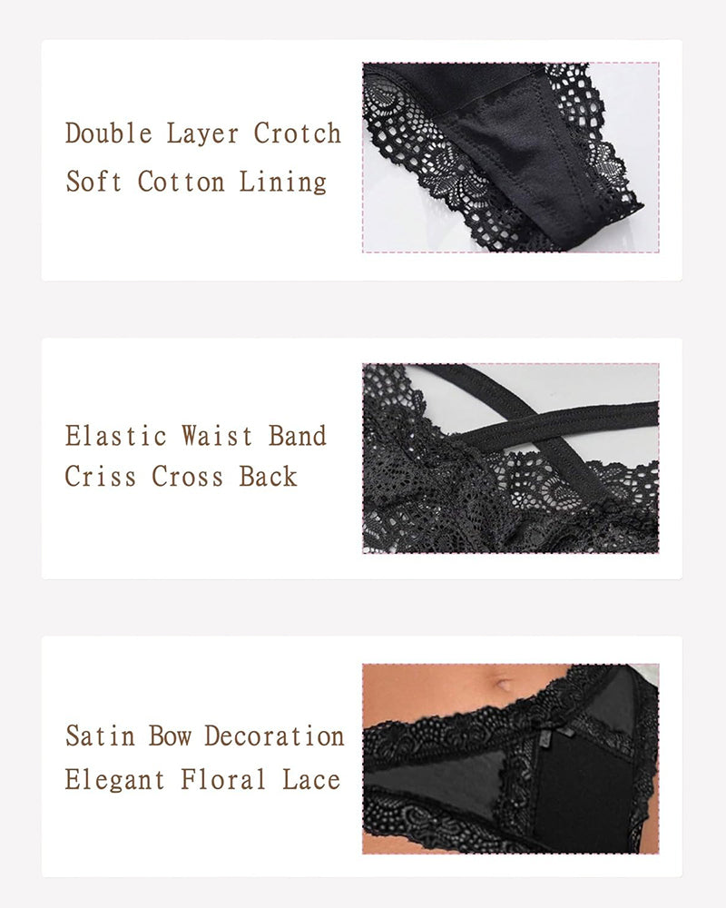 Black low rise lace thong showing double-layer crotch and criss-cross back strap detail