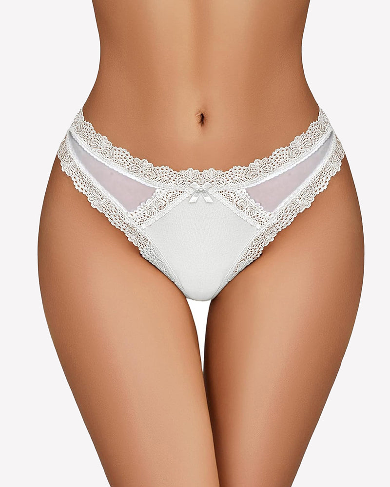 White low rise lace thong with satin bow at center and scalloped lace trim