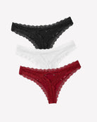 Low rise lace thong with criss-cross back detail, black, white, and wine red colors