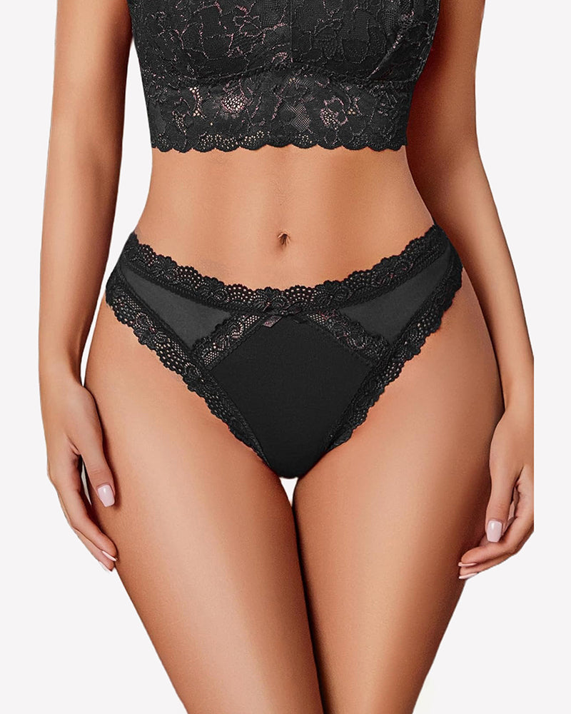 Black low rise lace thong with scalloped edges and satin bow center