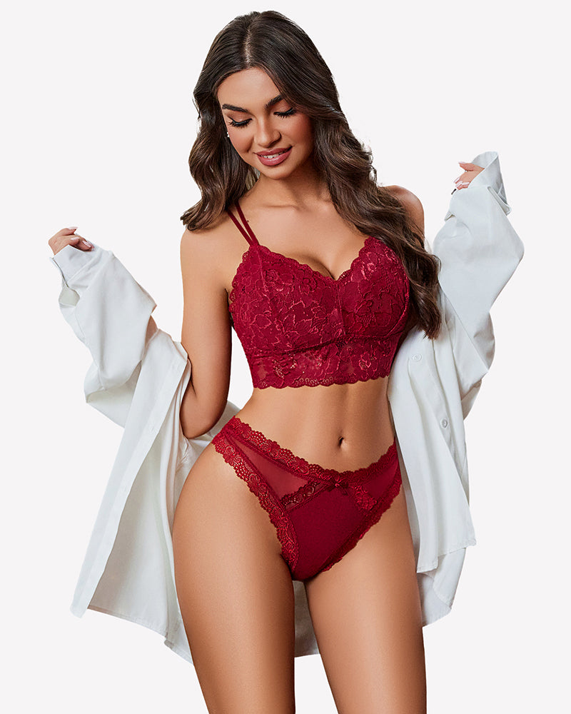 Low-rise lace thong, wine red with scalloped lace edges and sheer center panel