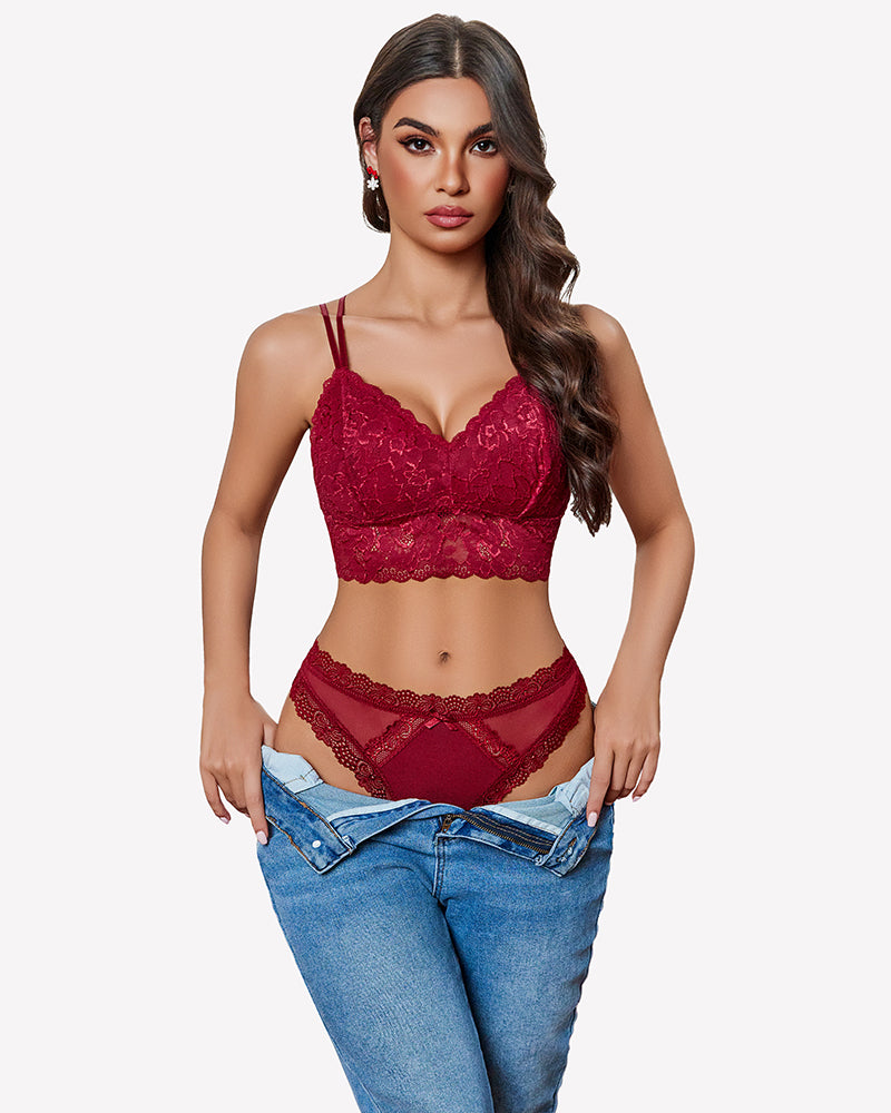 Low-rise lace thong, wine red with scalloped lace trim and sheer side panels