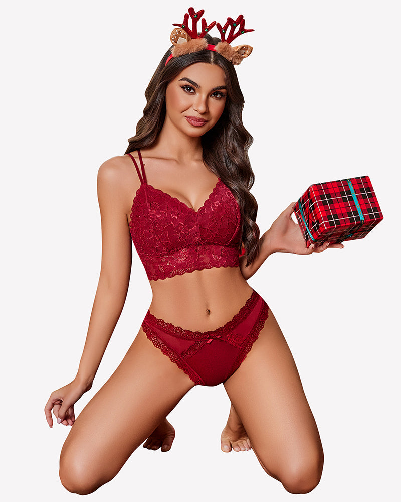 Low-rise lace thong, wine red with criss-cross back straps and sheer center panel